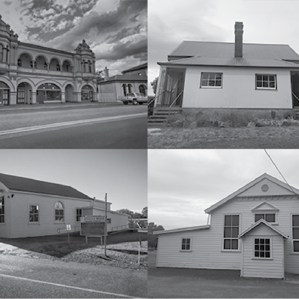 Black and white montage of four Tasmanian halls