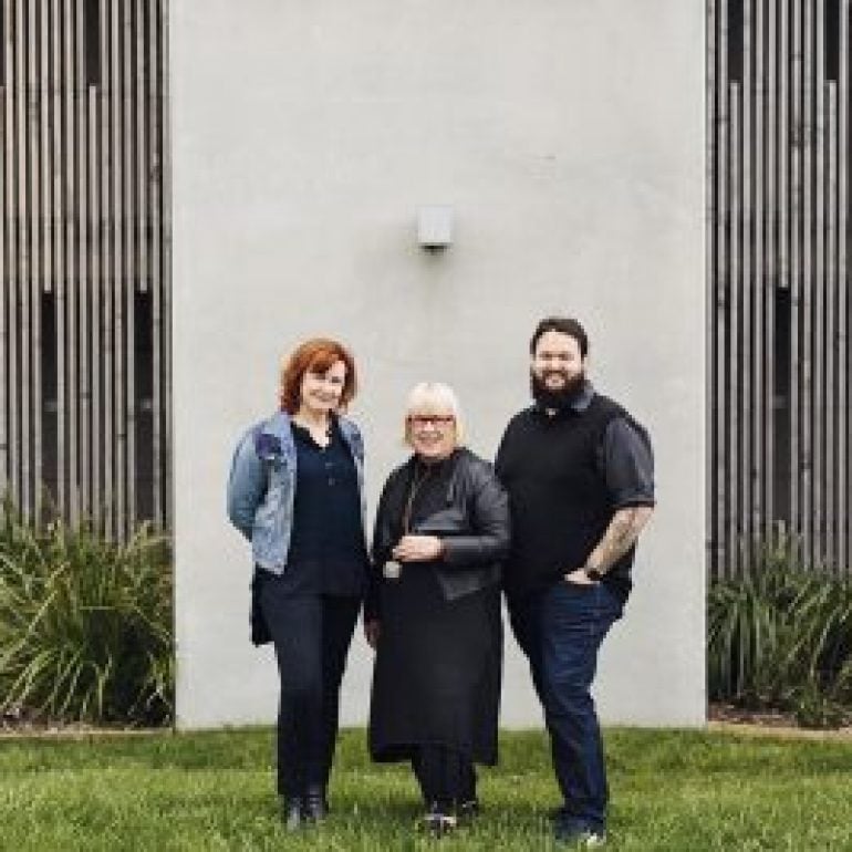 Ten Days on the Island Artistic Director, Lindy Hume; CEO, Jane Haley; and Executive Producer, Vernon Guest, in front of the Burnie Makers workshop