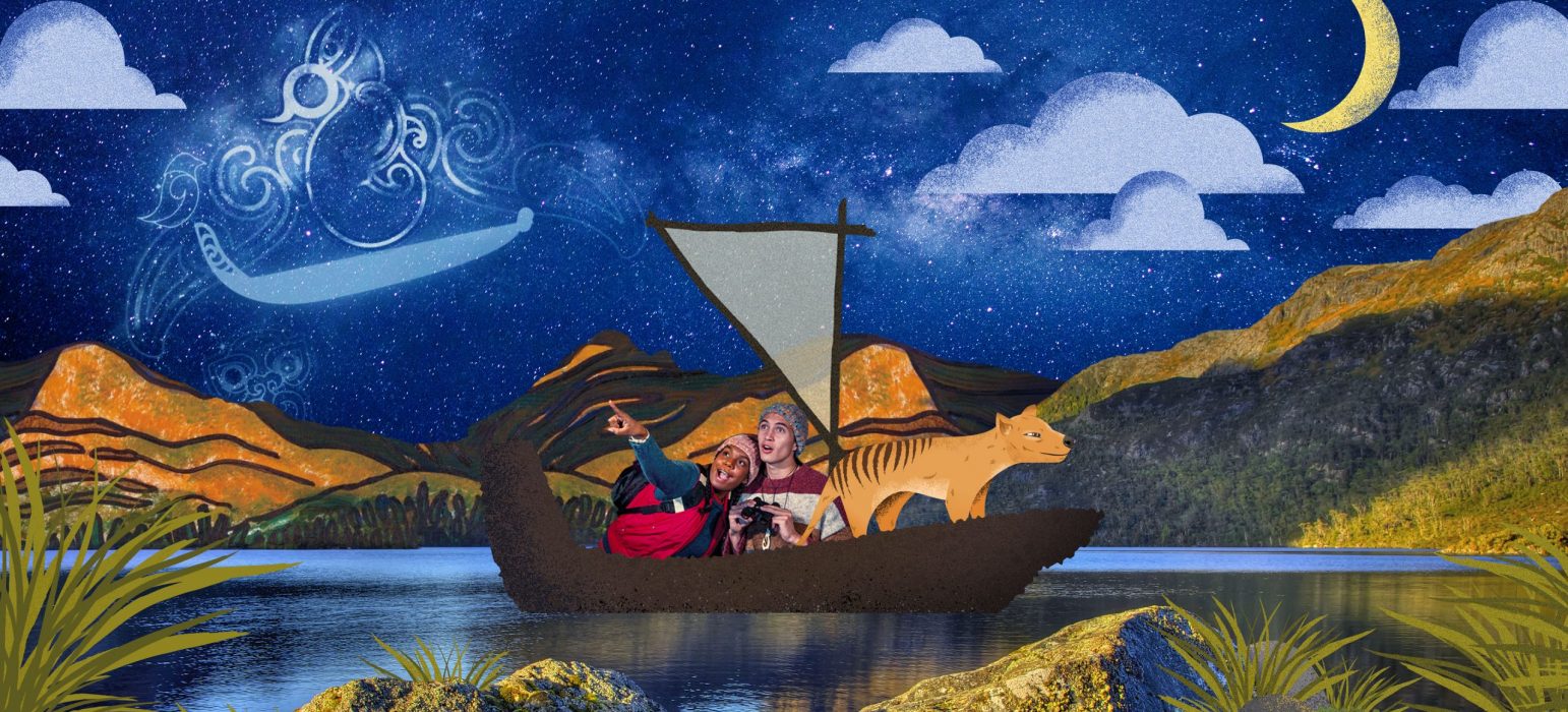 Hide the Dog hero image, two kids sit in a bot, one pointing out and leaning into the other, there is a tasmanian tiger in the boat and this image is a collage, with rocks in the foreground and a cloudy, mystical and spiritual sky, the boat is on water with mountains in the behind them