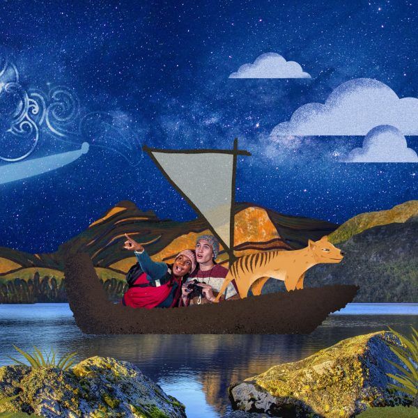 Hide the Dog hero image, two kids sit in a bot, one pointing out and leaning into the other, there is a tasmanian tiger in the boat and this image is a collage, with rocks in the foreground and a cloudy, mystical and spiritual sky, the boat is on water with mountains in the behind them