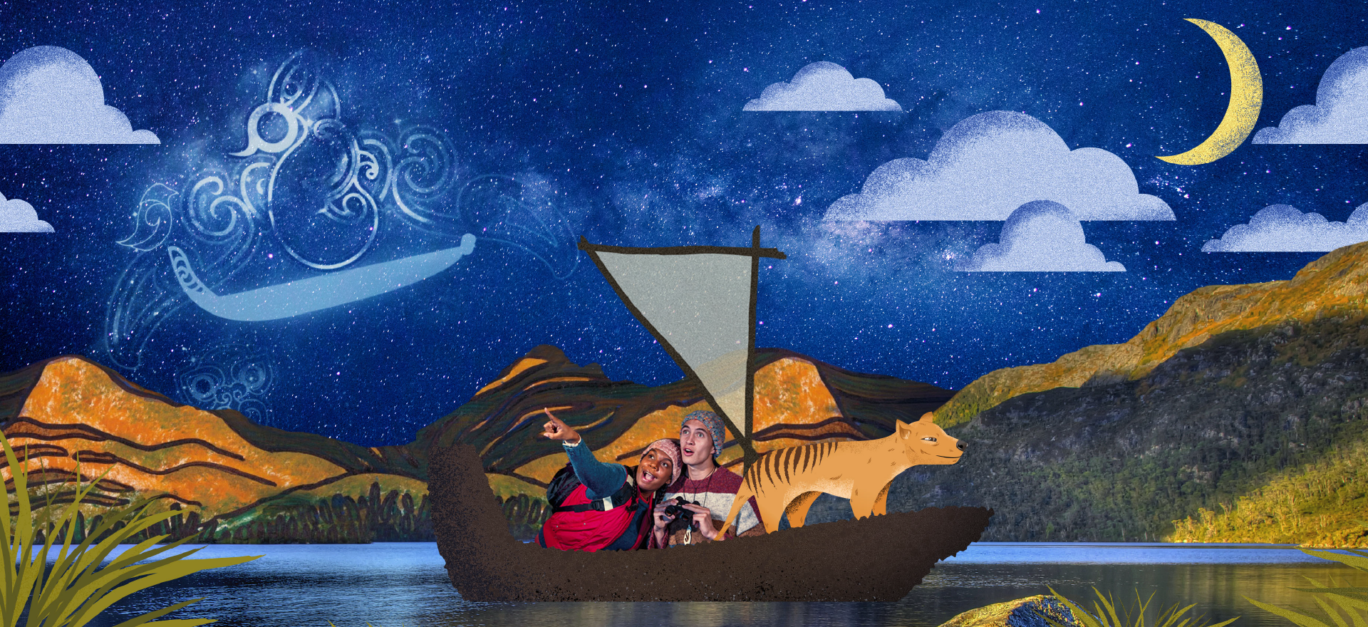 Hide the Dog hero image, two kids sit in a boat with a Tasmanian Tiger, this image is a collage or artistic styles