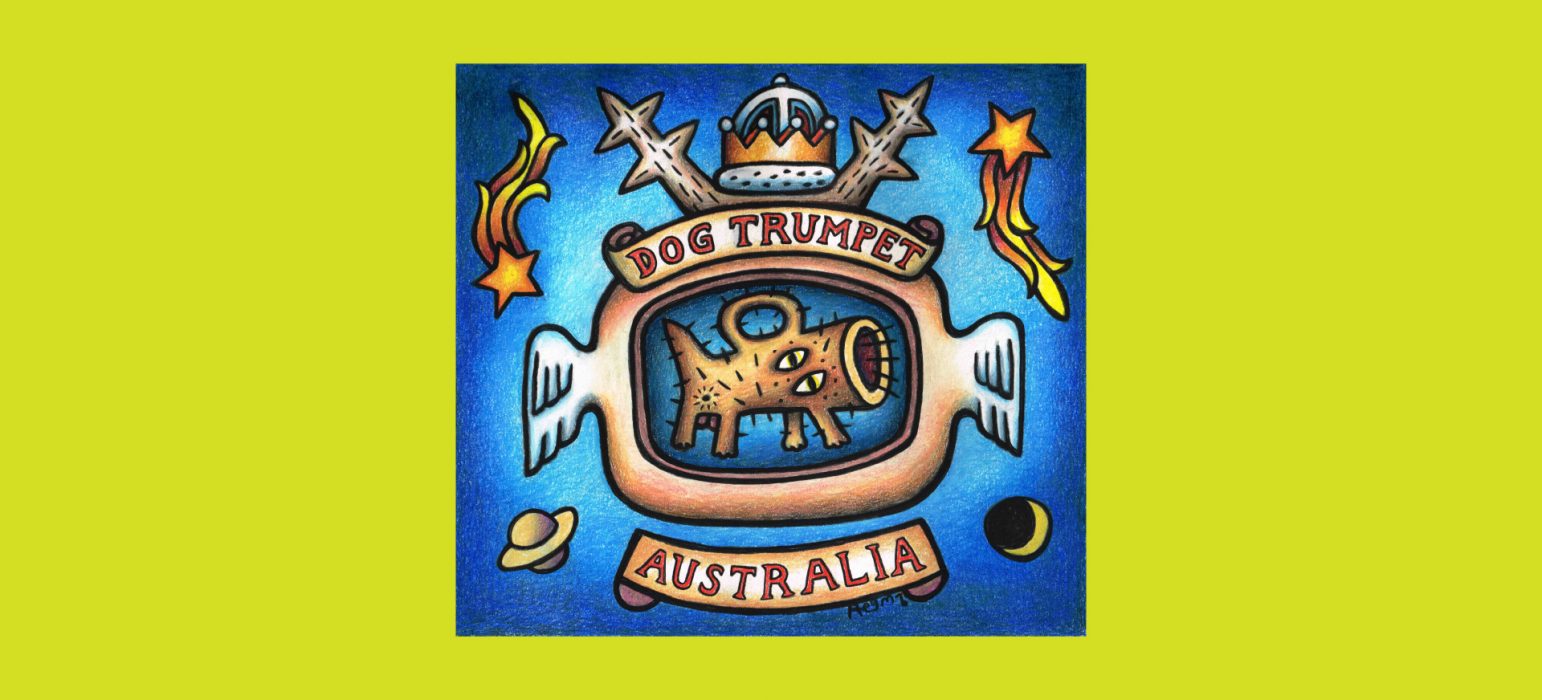 An animated picture of a dog/trumpet hybrid creature. Surrounding the creature are animated depictions of planets and stars.
