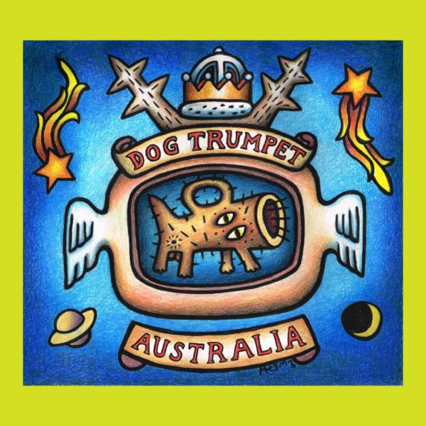An animated picture of a dog/trumpet hybrid creature. Surrounding the creature are animated depictions of planets and stars.