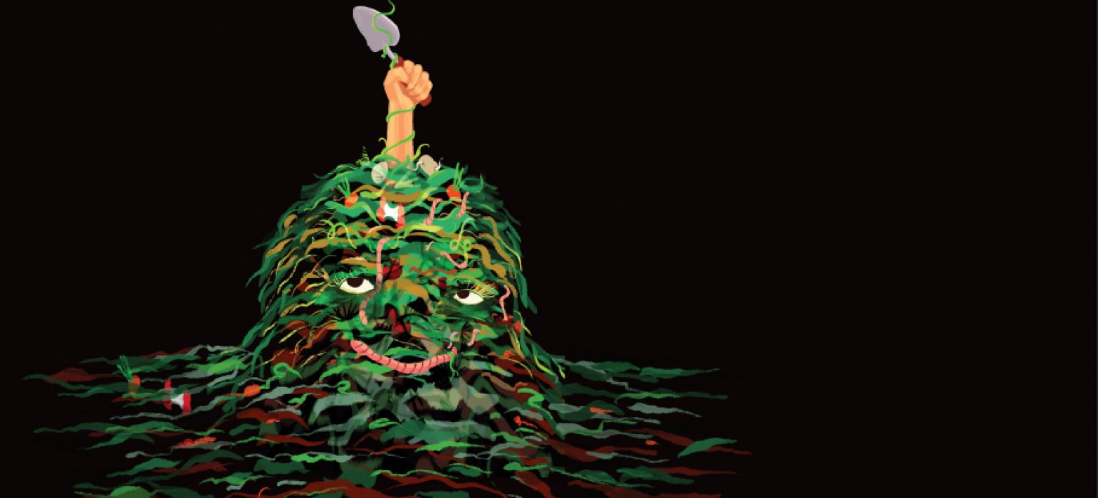 A digital pile of compost scraps. Two eyes and an earthworm for a mouth give the pile a smirking face. Bursting from the top of the pile is a hand holding a garden spade.