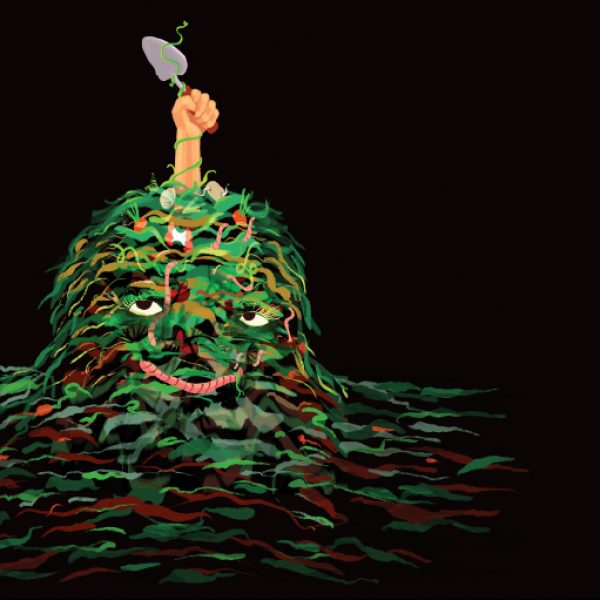 A digital pile of compost scraps. Two eyes and an earthworm for a mouth give the pile a smirking face. Bursting from the top of the pile is a hand holding a garden spade.