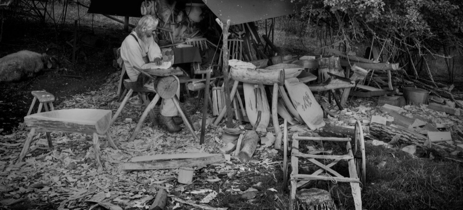 A person sits underneath a tree and surrounded by timber. Among the timber off cuts, wood shavings and completed dining chairs.