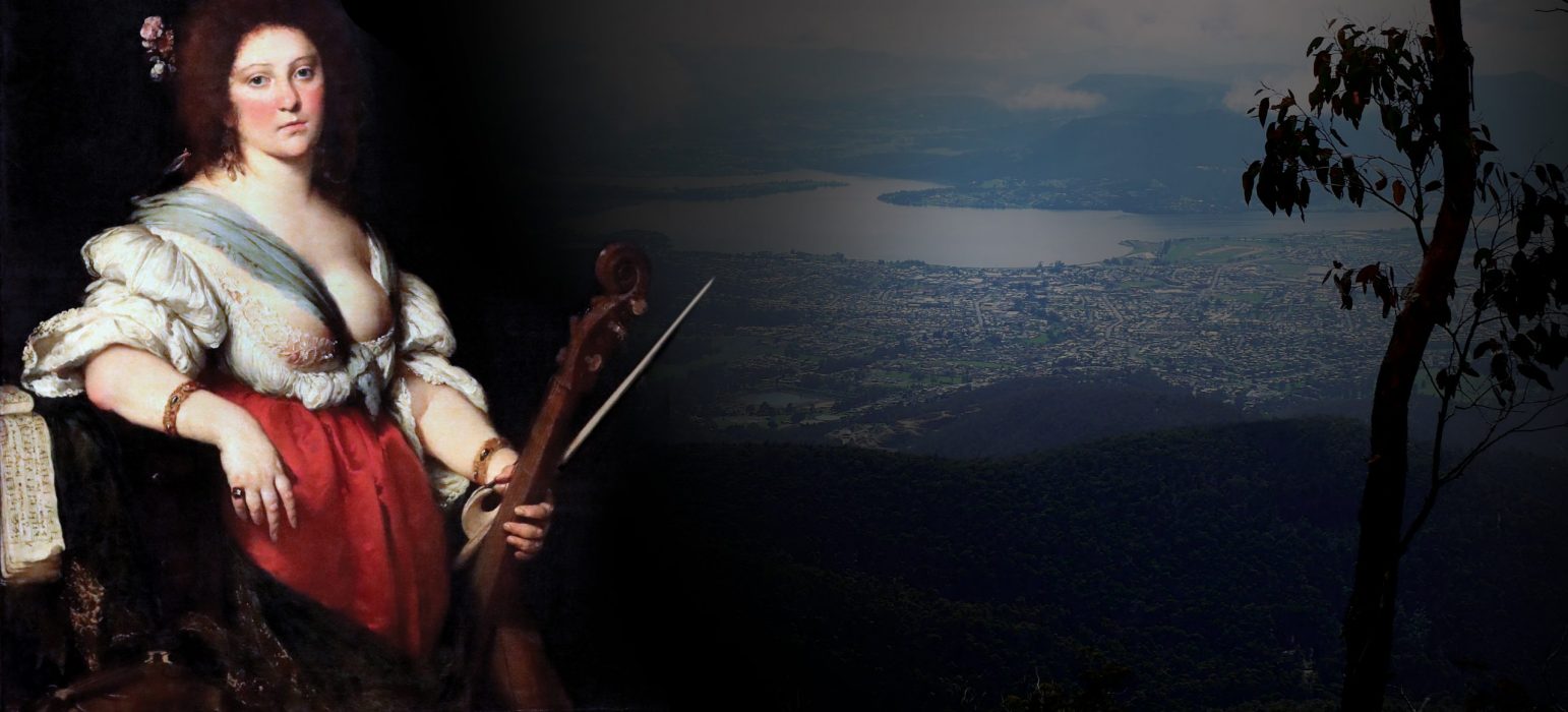 A painting of a rosey-cheeked person in period attire holding the neck of a wind instrument. A modern landscape occupies the background of this image, creating a stark contrast between the person and landscape.