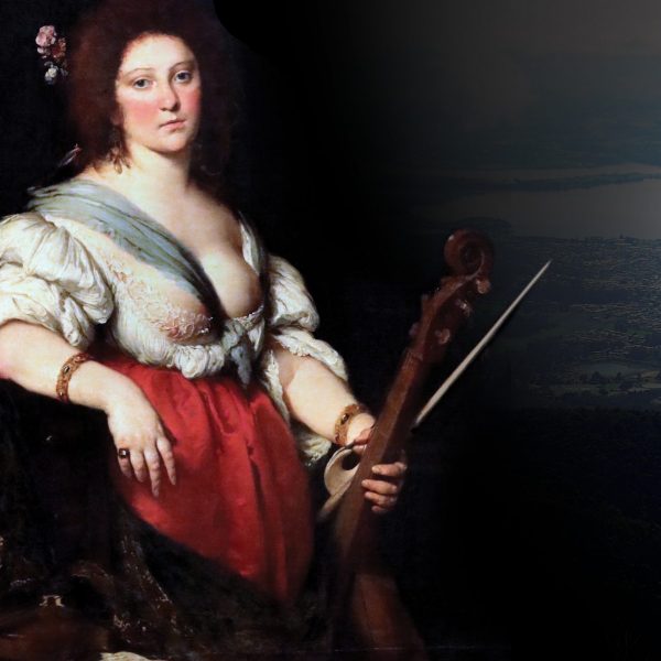 A painting of a rosey-cheeked person in period attire holding the neck of a wind instrument. A modern landscape occupies the background of this image, creating a stark contrast between the person and landscape.