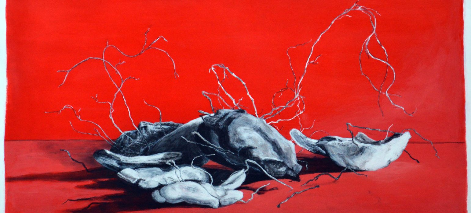 A painting with a red background, and grey rocks in the foreground