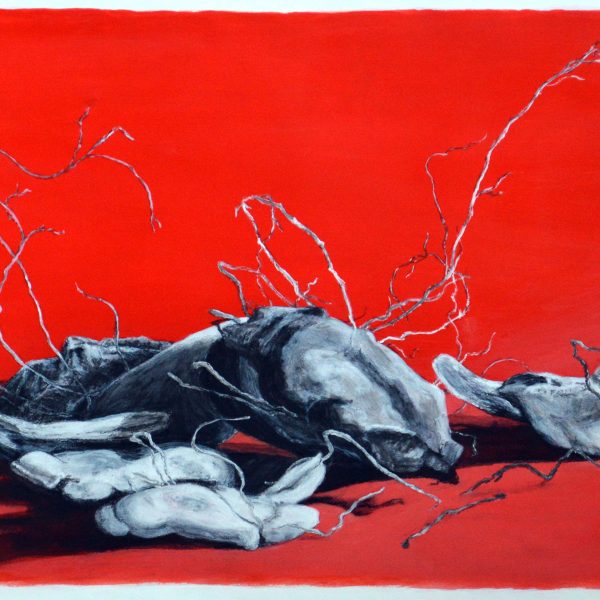 A painting with a red background, and grey rocks in the foreground