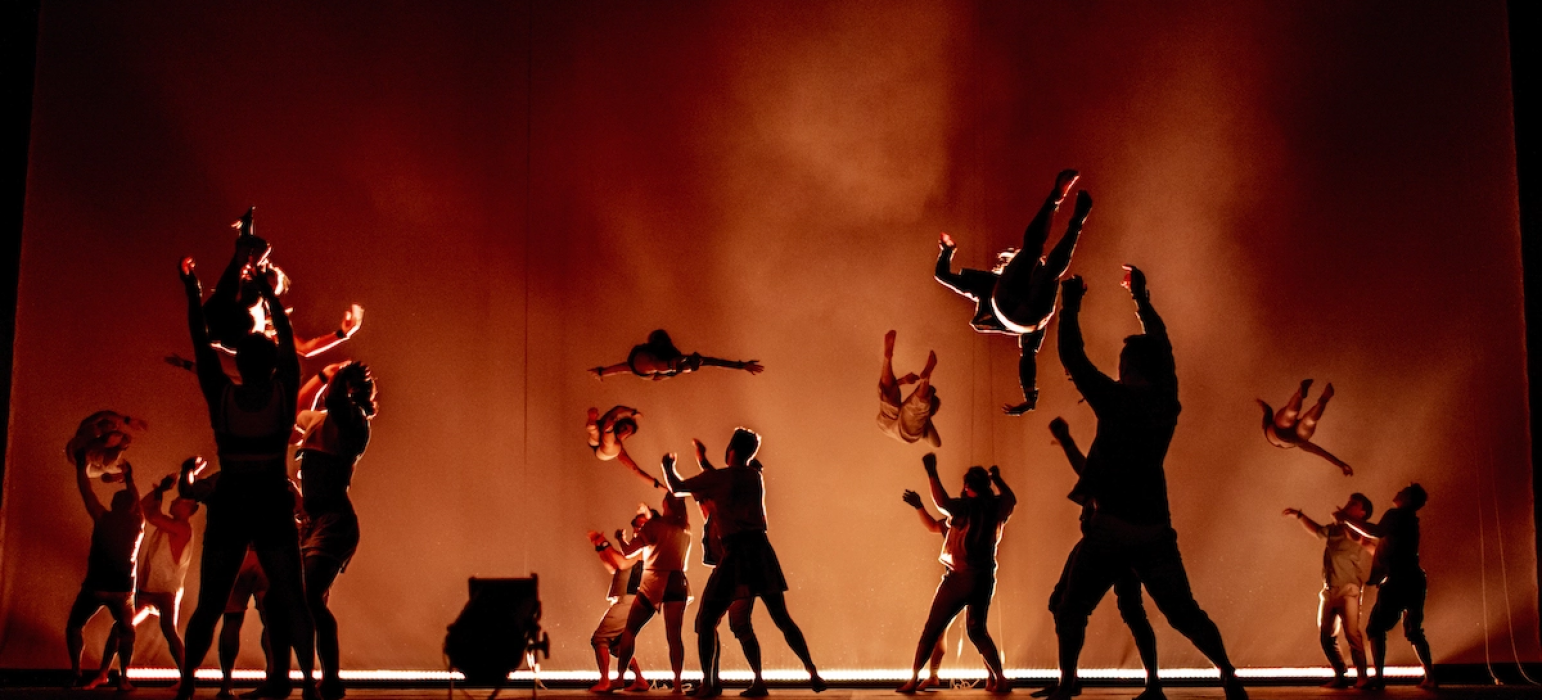The Pulse hero image. A number of circus acrobats are performing on a stage lit in orange and black lighting.
