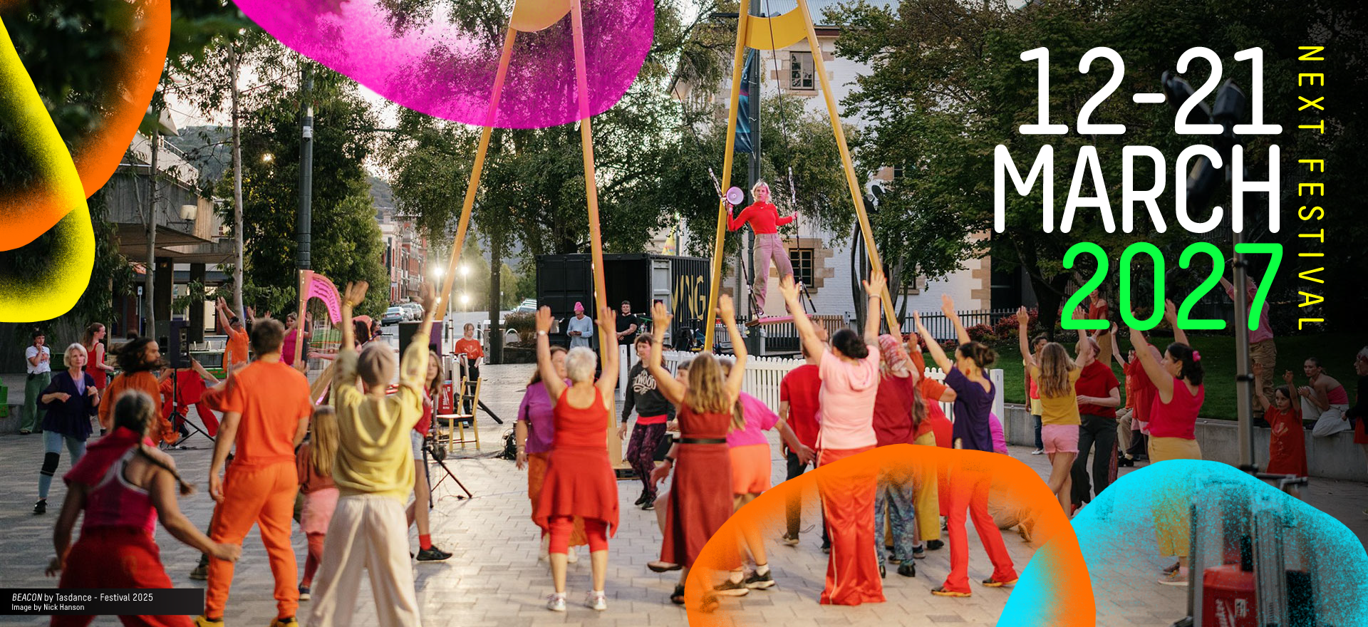 Dancers from BEACON in Civic Square Launceston standing around SWING by Ian Pidd. There is a woman on SWING standing up holding a megaphone. Text on the image reads Nest Festival 12-21 March 2027